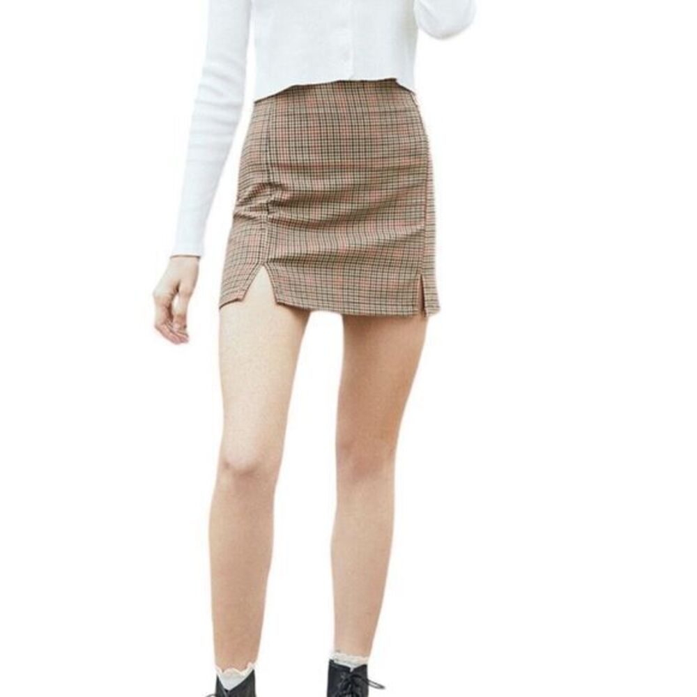 John Galt Skirt Sz XS Plaid Mini Preppy High Rise Dark Academia Brown Slit Cara
